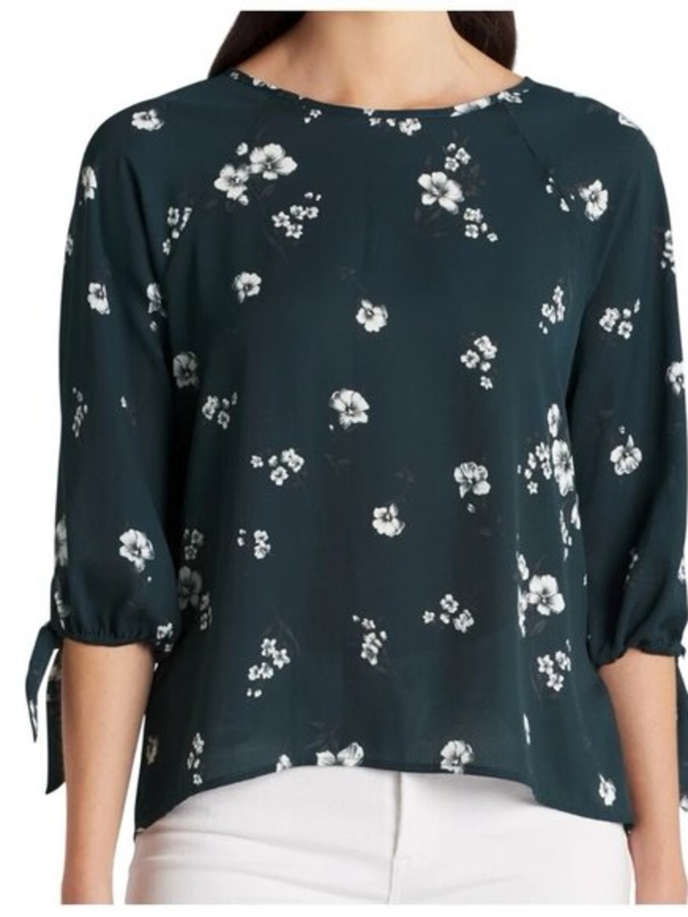 Papermoon Dark Teal Floral Tie-Sleeve Blouse Size L